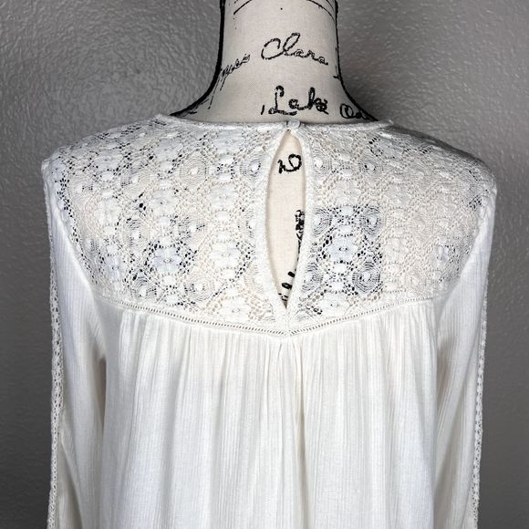 Hinge Sz S 3/4 Sleeve Sweetheart Lace Bodice Blouse White Lace Accents Boho - Picture 6 of 13
